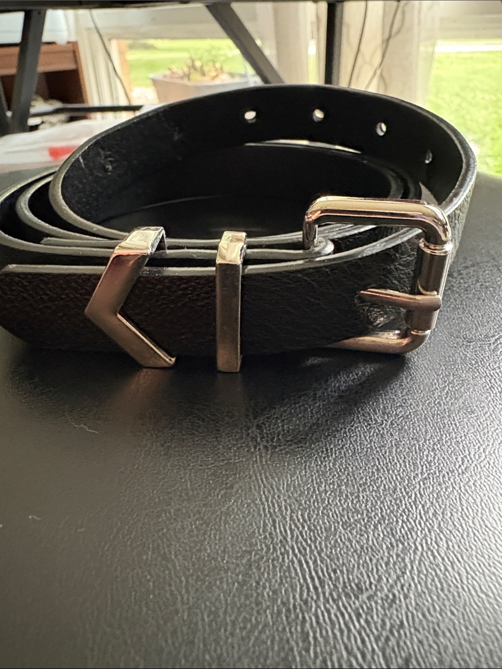 Black Leather Men's Belt with Silver-Tone Hardware